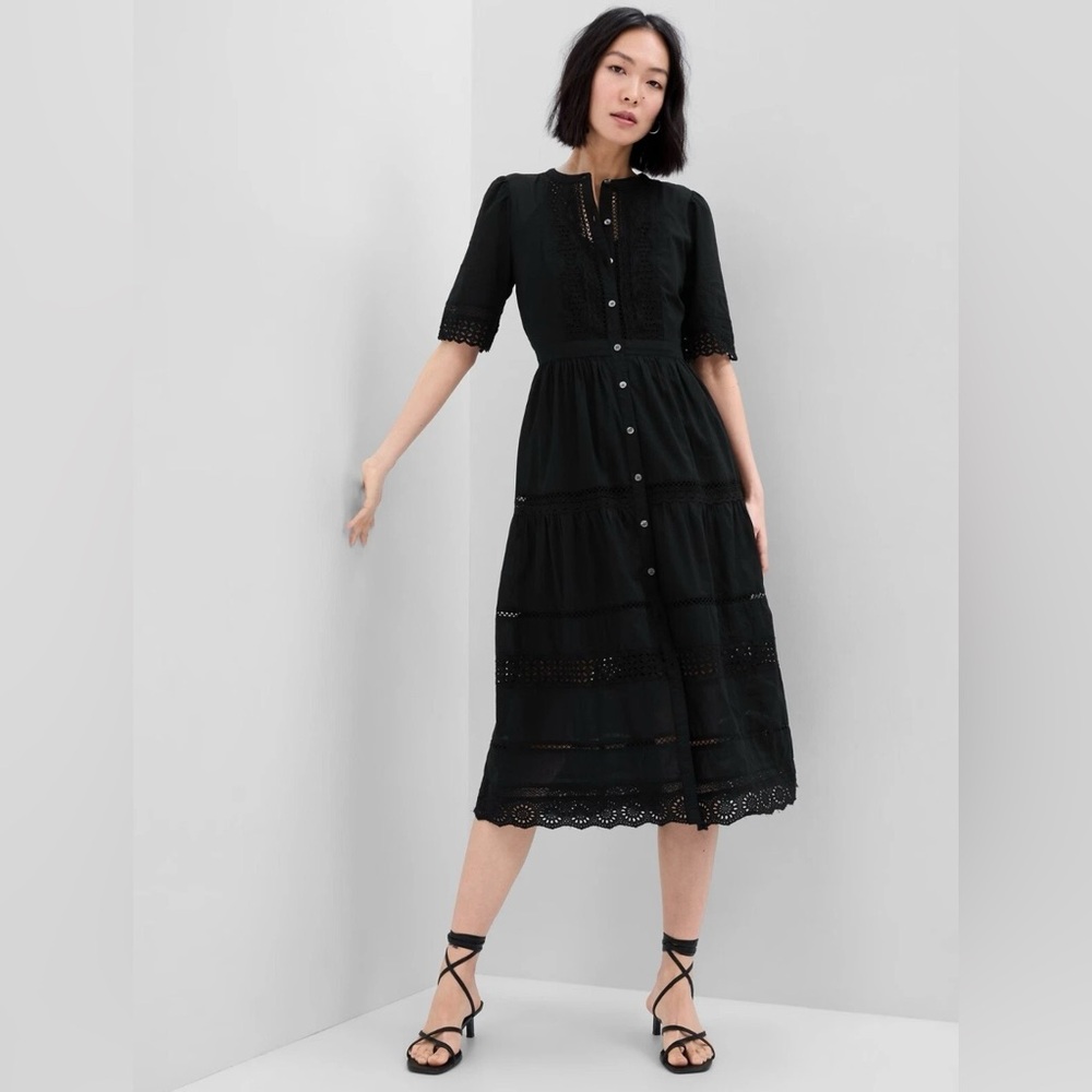 GAP Womens Lace Button-Up Midi Dress, BLACK SIZE M